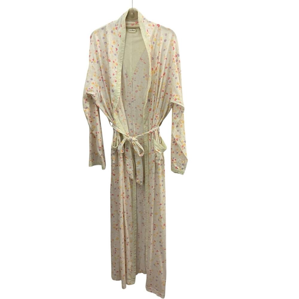 LL Bean 100% Cotton White Floral Robe Vintage M Belted Pockets Cozy Grannycore